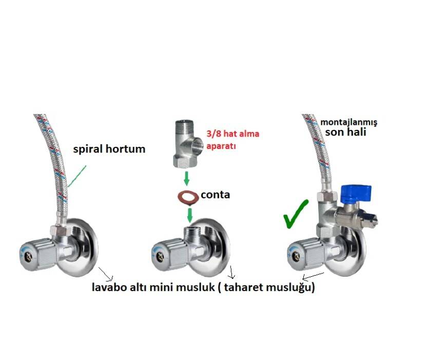 AQUA FLY SU ARITMA CİHAZI için HAT ALMA UZATMASI ( T ) 3/8 TAHARET MUSLUK UYUMLU - 3